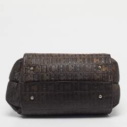 Pre Owned CH Carolina Herrera Dark Brown Monogram Embossed Leather Frame Satchel
