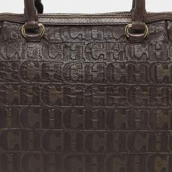 Pre Owned CH Carolina Herrera Dark Brown Monogram Embossed Leather Frame Satchel