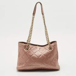 Pre Owned CH Carolina Herrera Metallic Pink Leather Crystal Chain Tote