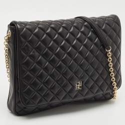 مملوكة مسبقًا حقيبة كتف سي إتش كارولينا هيريرا جلد مبطن أسود بغطاء سلسلة