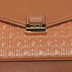 Pre Owned CH Carolina Herrera Brown Monogram Embossed Leather Small Top Handle Bag