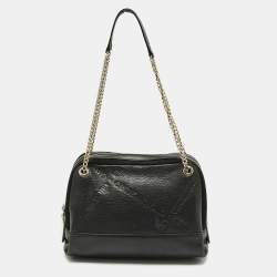 Pre Owned CH Carolina Herrera Black Leather and Suede Embossed Logo Shoulder Bag