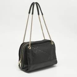 Pre Owned CH Carolina Herrera Black Leather and Suede Embossed Logo Shoulder Bag