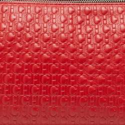 Pre Owned CH Carolina Herrera Red Monogram Embossed Leather Pochette Bag