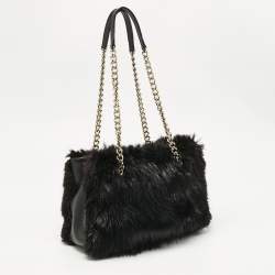 Pre Owned CH Carolina Herrera Black Fox Fur and Leather Chain Tote