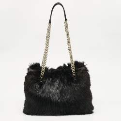 Pre Owned CH Carolina Herrera Black Fox Fur and Leather Chain Tote