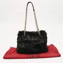 Pre Owned CH Carolina Herrera Black Fox Fur and Leather Chain Tote