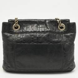 Pre Owned CH Carolina Herrera Black Monogram Embossed Leather Audrey Shoulder Bag