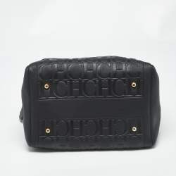 Pre Owned CH Carolina Herrera Black Monogram Embossed Leather Andy 7 Locked Boston Bag