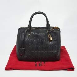 Pre Owned CH Carolina Herrera Black Monogram Embossed Leather Andy 7 Locked Boston Bag