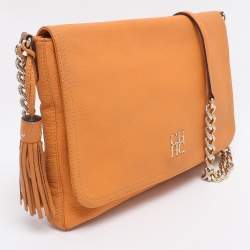 Pre Owned CH Carolina Herrera Mustard Leather Tassel Flap Chain Shoulder Bag