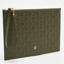 Pre Owned CH Carolina Herrera Khaki Monogram Leather Editors Continental Pouch