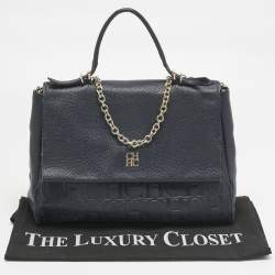 Pre Owned CH Carolina Herrera Navy Blue Leather Minuetto Flap Top Handle Bag