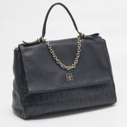 Pre Owned CH Carolina Herrera Navy Blue Leather Minuetto Flap Top Handle Bag
