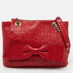 Pre Owned CH Carolina Herrera Red Monogram Embossed Leather Audrey Shoulder Bag