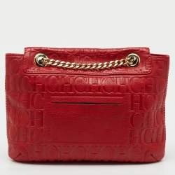 Pre Owned CH Carolina Herrera Red Monogram Embossed Leather Audrey Shoulder Bag