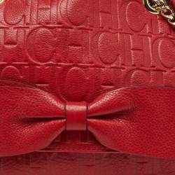 Pre Owned CH Carolina Herrera Red Monogram Embossed Leather Audrey Shoulder Bag