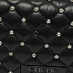 Pre Owned CH Carolina Herrera Black Quilted Leather Pearl Studded Flap Chain Shoulder Bag