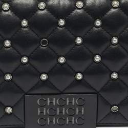 Pre Owned CH Carolina Herrera Black Quilted Leather Pearl Studded Flap Chain Shoulder Bag