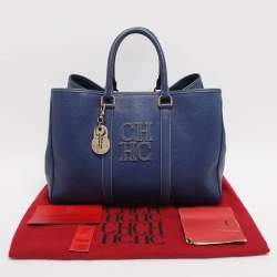Pre Owned CH Carolina Herrera Blue Grained Leather Matteo Tote