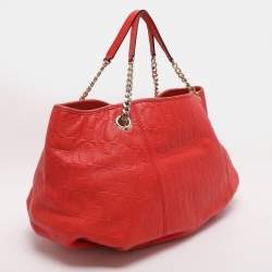 Pre Owned CH Carolina Herrera Red Monogram Embossed Leather Chain Handle Tote