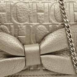 Pre Owned CH Caroline Herrera Metallic Grey Monogram Embossed Leather Bow Chain Clutch