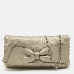 Pre Owned CH Caroline Herrera Metallic Grey Monogram Embossed Leather Bow Chain Clutch