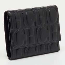 Pre Owned CH Carolina Herrera Black Leather Logo Embossed Trifold Wallet