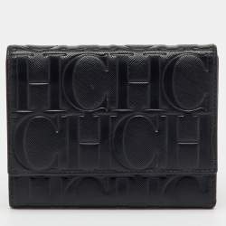 Pre Owned CH Carolina Herrera Black Leather Logo Embossed Trifold Wallet