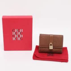 Pre Owned CH Carolina Herrera Brown Monogram Leather Matryoshka Lock Compact Wallet