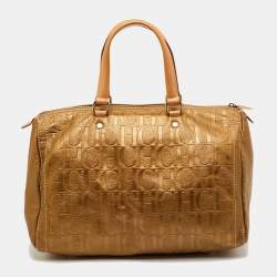 Pre Owned CH Carolina Herrera Metallic Gold Monogram Embossed Leather Large Andy Boston Bag