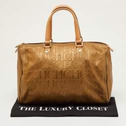 Pre Owned CH Carolina Herrera Metallic Gold Monogram Embossed Leather Large Andy Boston Bag