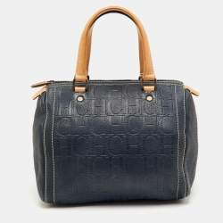Pre Owned CH Carolina Herrera Navy Blue Monogram Embossed Leather Andy Boston Bag