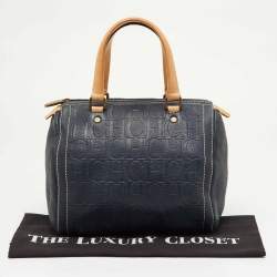 Pre Owned CH Carolina Herrera Navy Blue Monogram Embossed Leather Andy Boston Bag