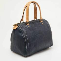 Pre Owned CH Carolina Herrera Navy Blue Monogram Embossed Leather Andy Boston Bag