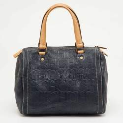 Pre Owned CH Carolina Herrera Navy Blue Monogram Embossed Leather Andy Boston Bag