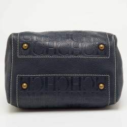 Pre Owned CH Carolina Herrera Navy Blue Monogram Embossed Leather Andy Boston Bag