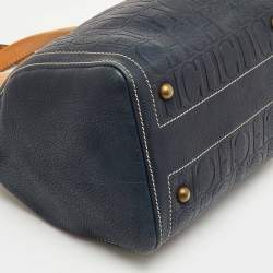 Pre Owned CH Carolina Herrera Navy Blue Monogram Embossed Leather Andy Boston Bag
