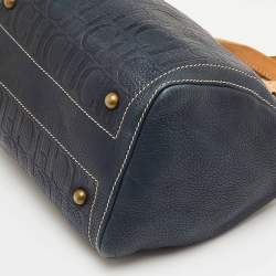 Pre Owned CH Carolina Herrera Navy Blue Monogram Embossed Leather Andy Boston Bag