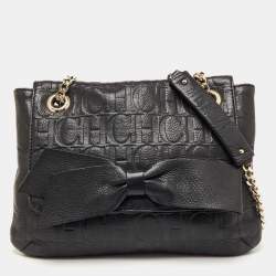 Pre Owned CH Carolina Herrera Black Monogram Embossed Leather Audrey Bow Flap Shoulder Bag