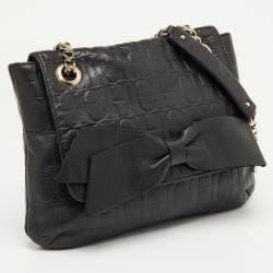 Pre Owned CH Carolina Herrera Black Monogram Embossed Leather Audrey Bow Flap Shoulder Bag
