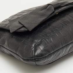 Pre Owned CH Carolina Herrera Black Monogram Embossed Leather Audrey Bow Flap Shoulder Bag