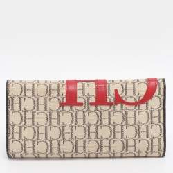 Pre Owned CH Carolina Herrera Beige/Red Canvas and Leather Continental Wallet