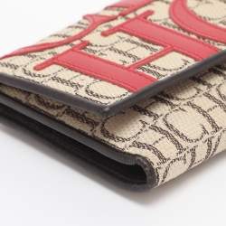 Pre Owned CH Carolina Herrera Beige/Red Canvas and Leather Continental Wallet