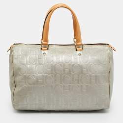 Pre Owned CH Carolina Herrera Andy Large Grey Monogram Embossed Leather Boston Bag
