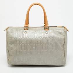 Pre Owned CH Carolina Herrera Andy Large Grey Monogram Embossed Leather Boston Bag