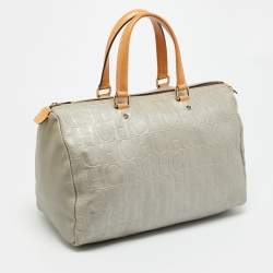 Pre Owned CH Carolina Herrera Andy Large Grey Monogram Embossed Leather Boston Bag