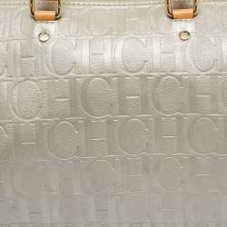 Pre Owned CH Carolina Herrera Andy Large Grey Monogram Embossed Leather Boston Bag