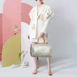 Pre Owned CH Carolina Herrera Andy Large Grey Monogram Embossed Leather Boston Bag