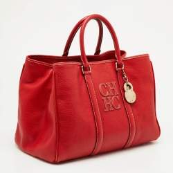 Pre Owned CH Carolina Herrera Red Grained Leather Matteo Tote